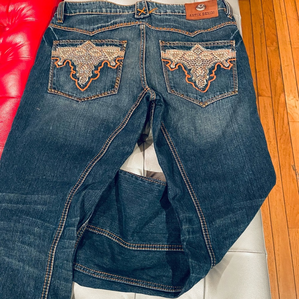 Antik Denim Vintage Distressed Jeans w/ Flare Bottoms Beautiful Embroidery - 36